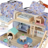 Prenosna lesena hiška v kovčku – hotel za ljubljenčke s pohištvom in figuricami