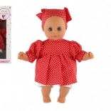 Punčka dojenček 30 cm v rdečih pikčastih oblekicah z rutico
