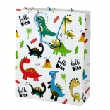 Papirnata darilna vrečka z dinozavri, bel karirasti vzorec, 32 × 26 × 10 cm
