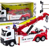 kovinski vlečni tovornjak z žerjavom z dvema kavljema, lučmi in zvoki, belo‑rdeč