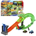 hot wheels monster trucks zmajev dirka – set proge z dvojnim izstreljevalnikom in 2 avtomobiloma