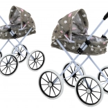 Voziček za punčke s zložljivo strešico, velika penasta kolesa, siv z zvezdicami