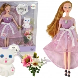 Punčka Emily z dolgimi lasmi in belim mucom