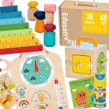 Tooky Toy montessori izobraževalni box 6v1: zaklepni box, uravnoteževalni kamni, vremenska tabla, štetje 1–10, pobarvanke in knjižica