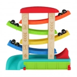 Kaskadna dirkalna steza za avtomobilčke s 4 vozili, les in plastika, 33 × 32 × 10 cm