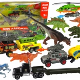 Komplet vozil s helikopterjem in dinozavri, 8 kosov, barvit