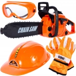 Otroški komplet gozdarja z motorno žago, rokavicami, čelado in očali