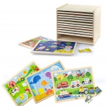 Lesene sestavljanke Viga – komplet 12 okvirnih puzzlov s 24 koščki na stojalu