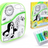 Barvajoči nahrbtnik Krt s zelenim ozadjem 30 cm + 8 flomastrov