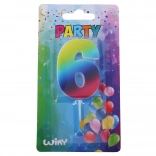 Zabavna svečka številka 6 mavrična s stojalom