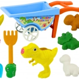 Komplet za pesek dinozavri: samokolnica, lopatka, grablje, zalivalka in 6 modelčkov