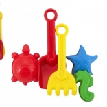 Plastični komplet za pesek z lopatko, grabljicami in modelčki v mrežasti vrečki